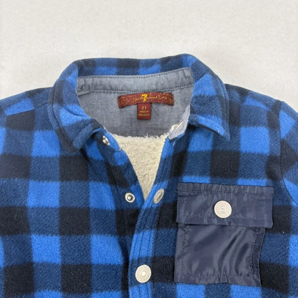 7‎ For All Mankind Kids Blue Buffalo Plaid Sherpa Lined Fleece Shirt Jacket 2T